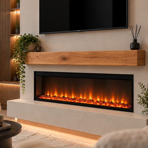 Oak beam mantel shelf above a wide inset electric fire on a modern media wall with a TV