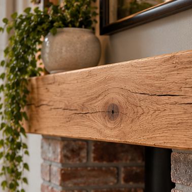 Close-up of a rustic oak beam mantel showing natural grain, a knot and seasoning cracks