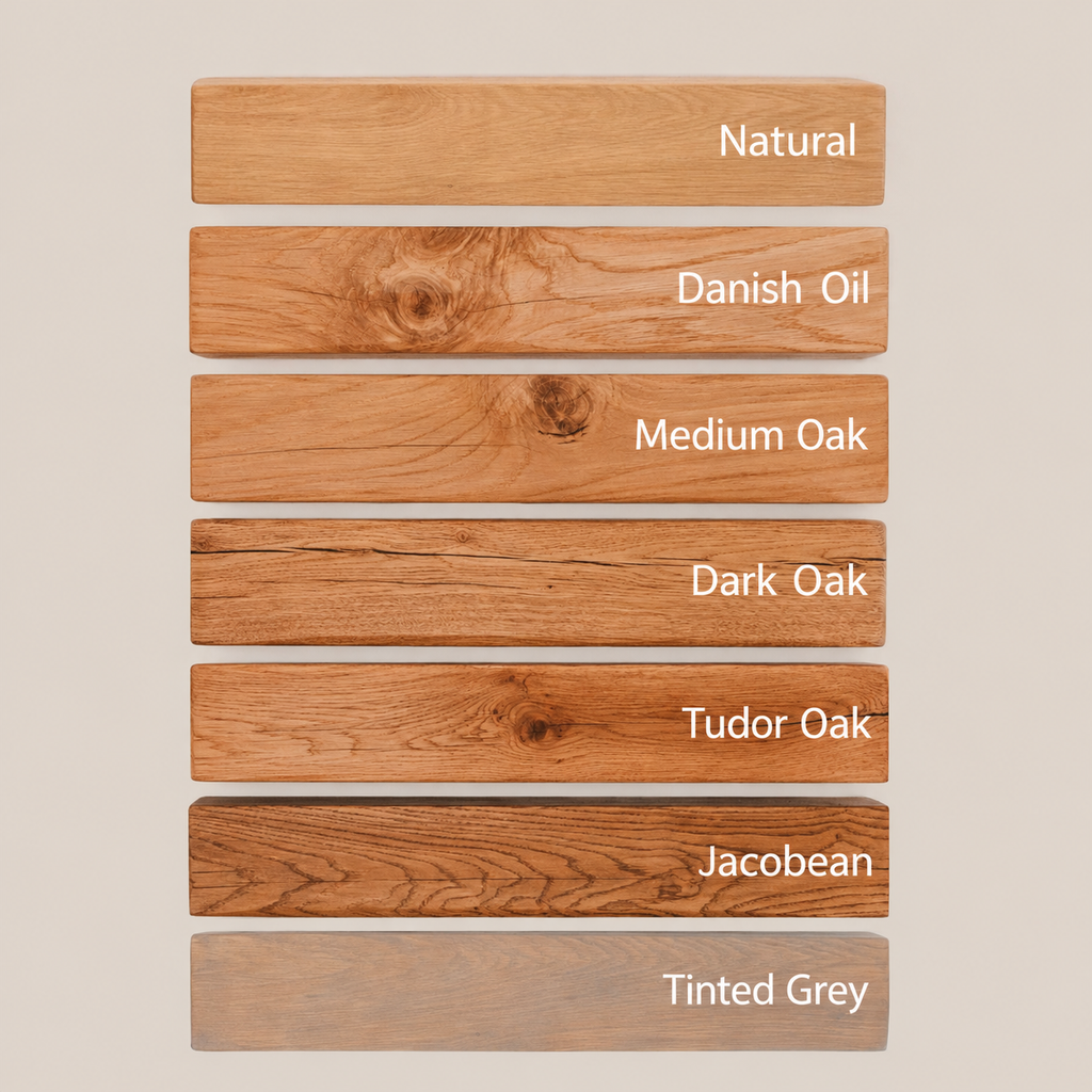 Oak beam mantel finish colour swatches: Natural, Danish Oil, Medium Oak, Dark Oak, Tudor Oak, Jacobean and Tinted Grey