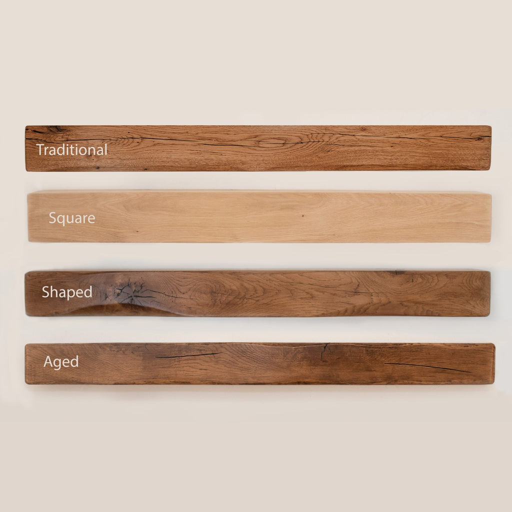 Oak beam mantel styles: Traditional, Squared, Shaped and Aged oak beams
