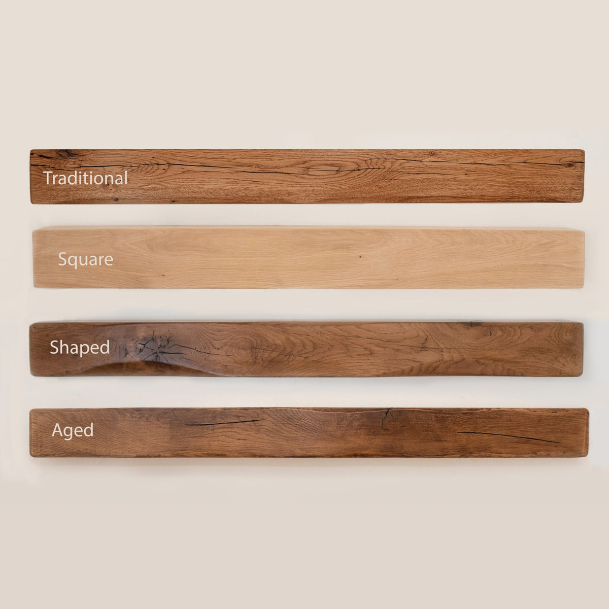Oak beam mantel styles: Traditional, Squared, Shaped and Aged oak beams
