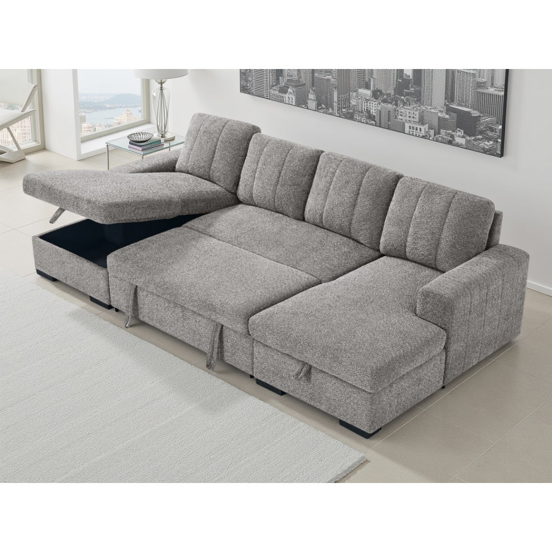 Grey Portofino U-shape corner sofa bed with storage chaise lifted open and bed pulled out