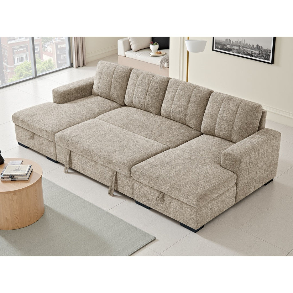 Beige Portofino U-shape corner sofa bed converted into a double sofa bed