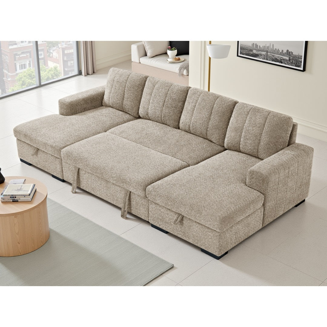 Beige Portofino U-shape corner sofa bed converted into a double sofa bed