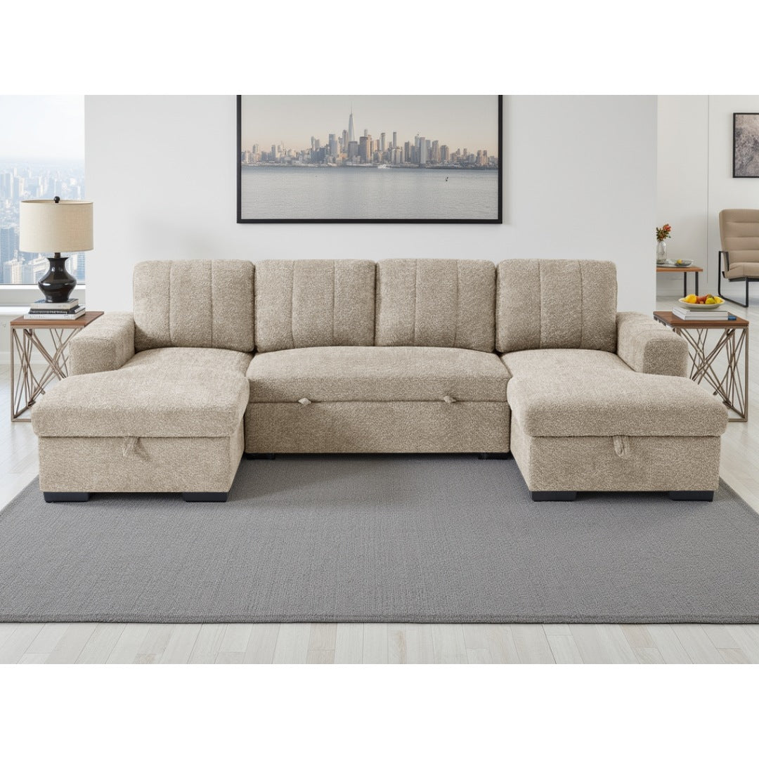 Beige Portofino 5 seater U-shape corner sofa bed with storage, front view