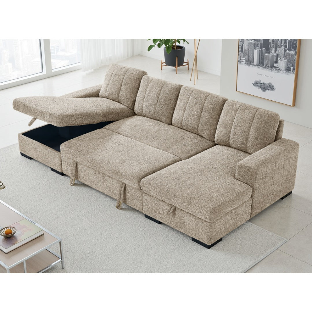 Beige Portofino U-shape corner sofa bed with storage chaise lifted open and bed pulled out
