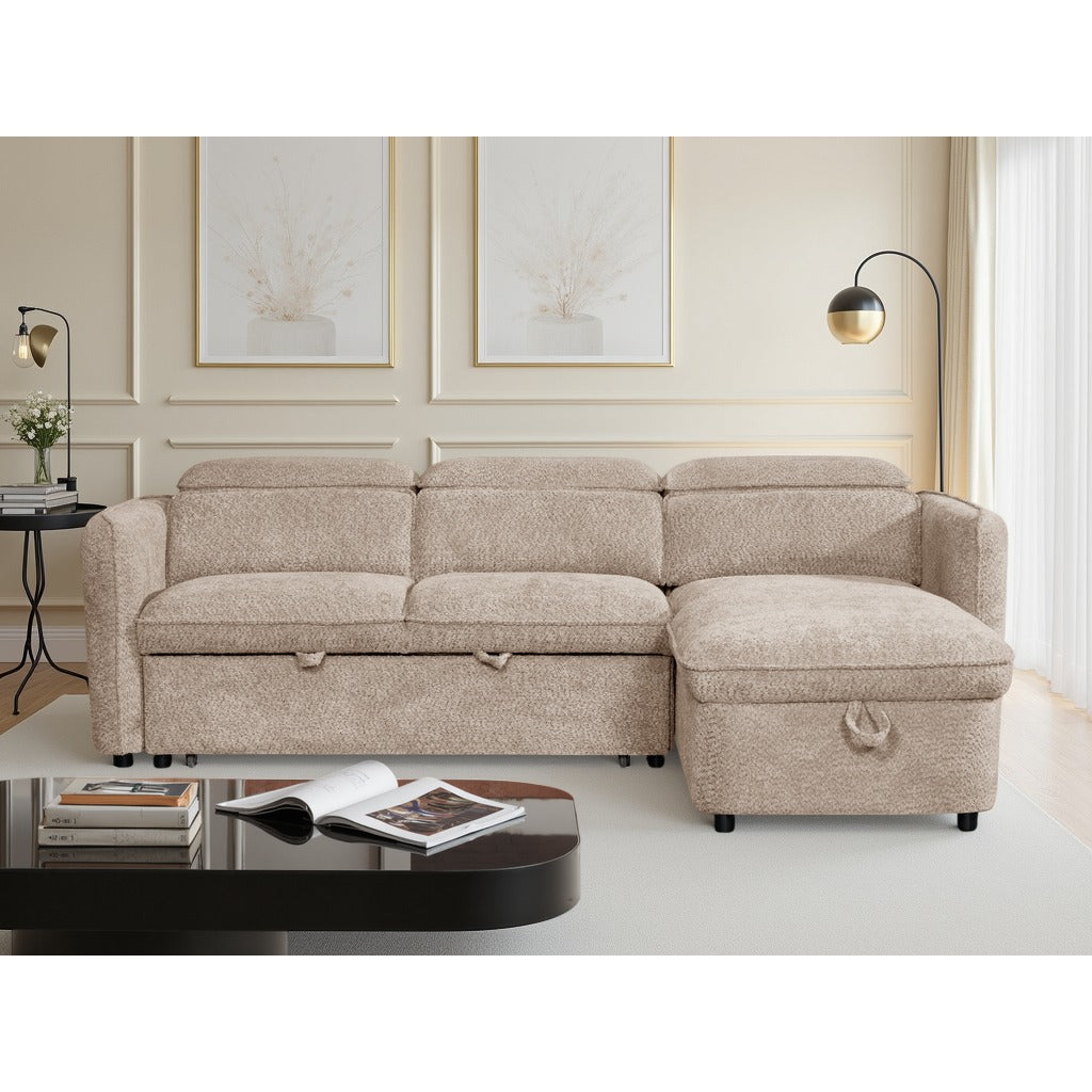 Positano corner sofa bed with storage in beige – beige fabric L-shaped sofa bed with adjustable headrests and universal chaise, photo 2 of 2