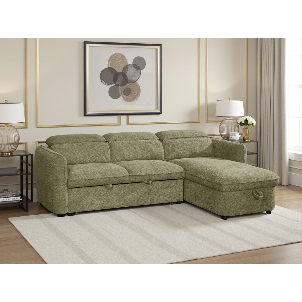 Positano corner sofa bed with storage in green – green fabric L-shaped sofa bed with adjustable headrests and universal chaise, photo 1 of 2