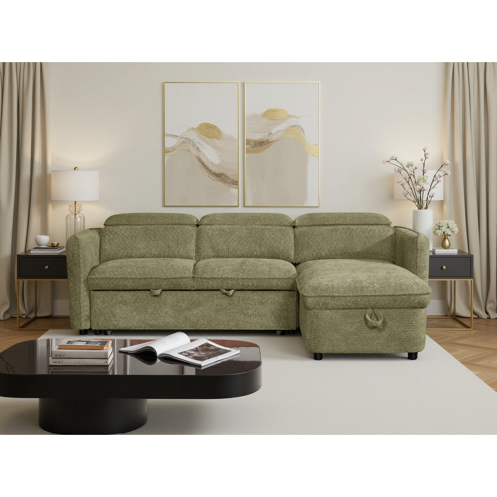 Positano corner sofa bed with storage in green – green fabric L-shaped sofa bed with adjustable headrests and universal chaise, photo 2 of 2