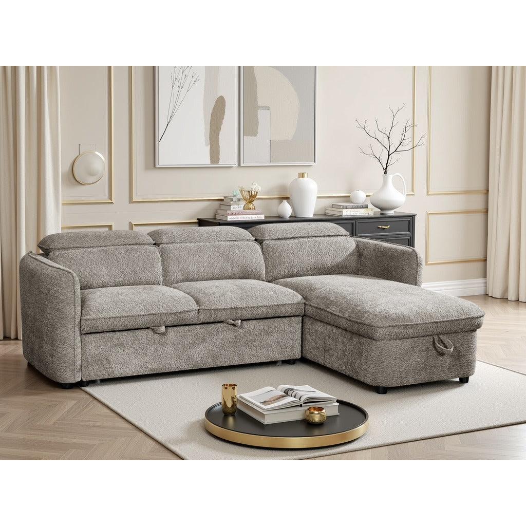 Positano corner sofa bed with storage in grey – grey fabric L-shaped sofa bed with adjustable headrests and universal chaise, photo 1 of 2