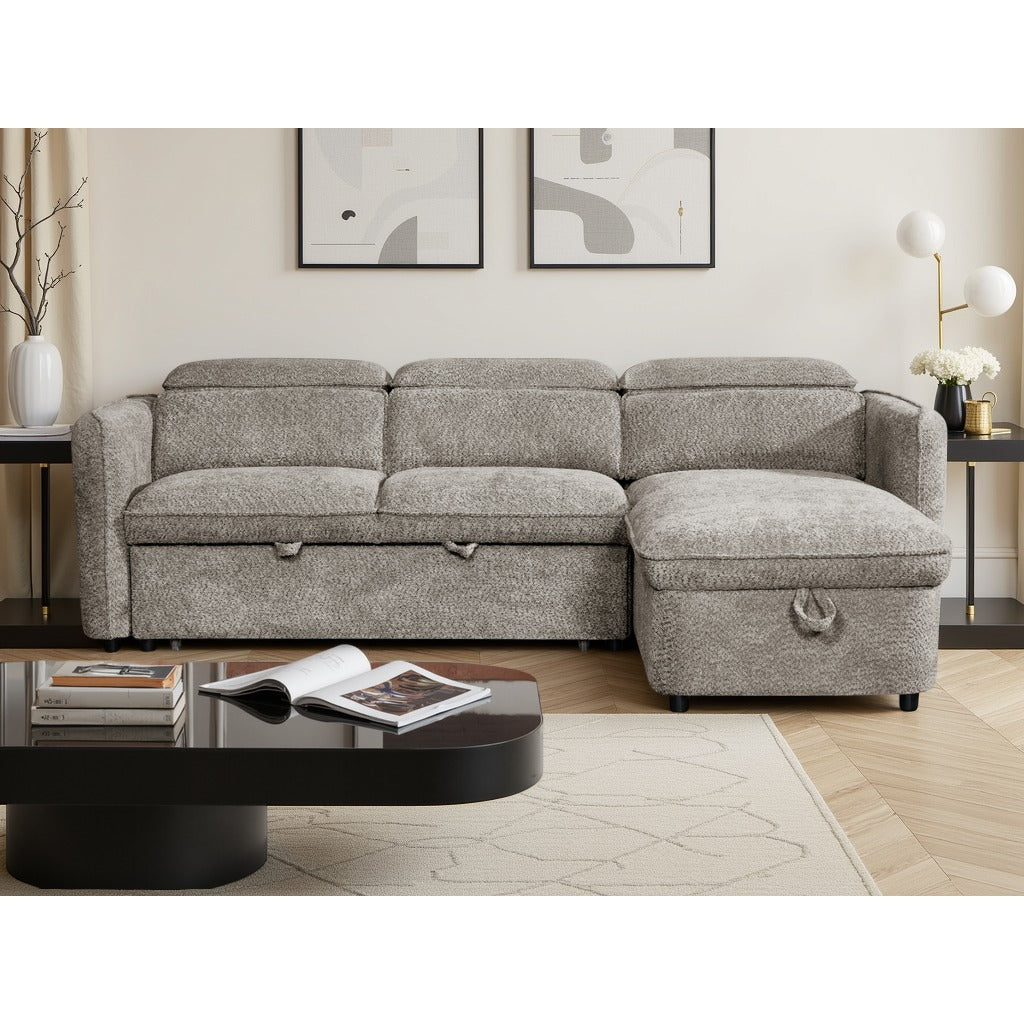 Positano corner sofa bed with storage in grey – grey fabric L-shaped sofa bed with adjustable headrests and universal chaise, photo 2 of 2