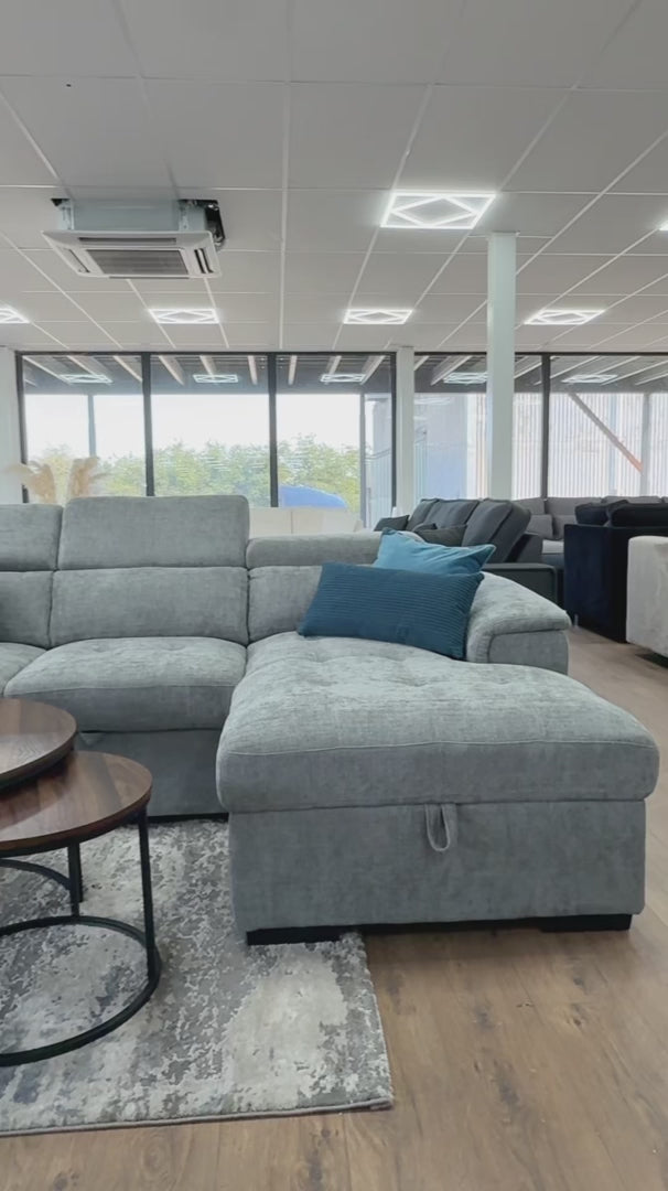 Video of the Bellagio Grande U-shape corner sofa bed showing the storage chaises, headrests and pull-out bed