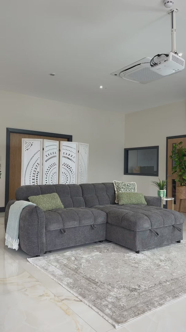 Video of the grey Sorrento quilted corner sofa bed showing the pull-out bed and lift-up storage chaise