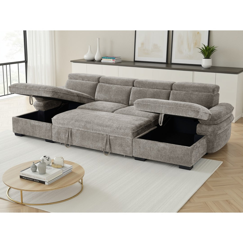 Grey Ravello U-shape sofa bed with both storage chaises open and pull-out bed extended