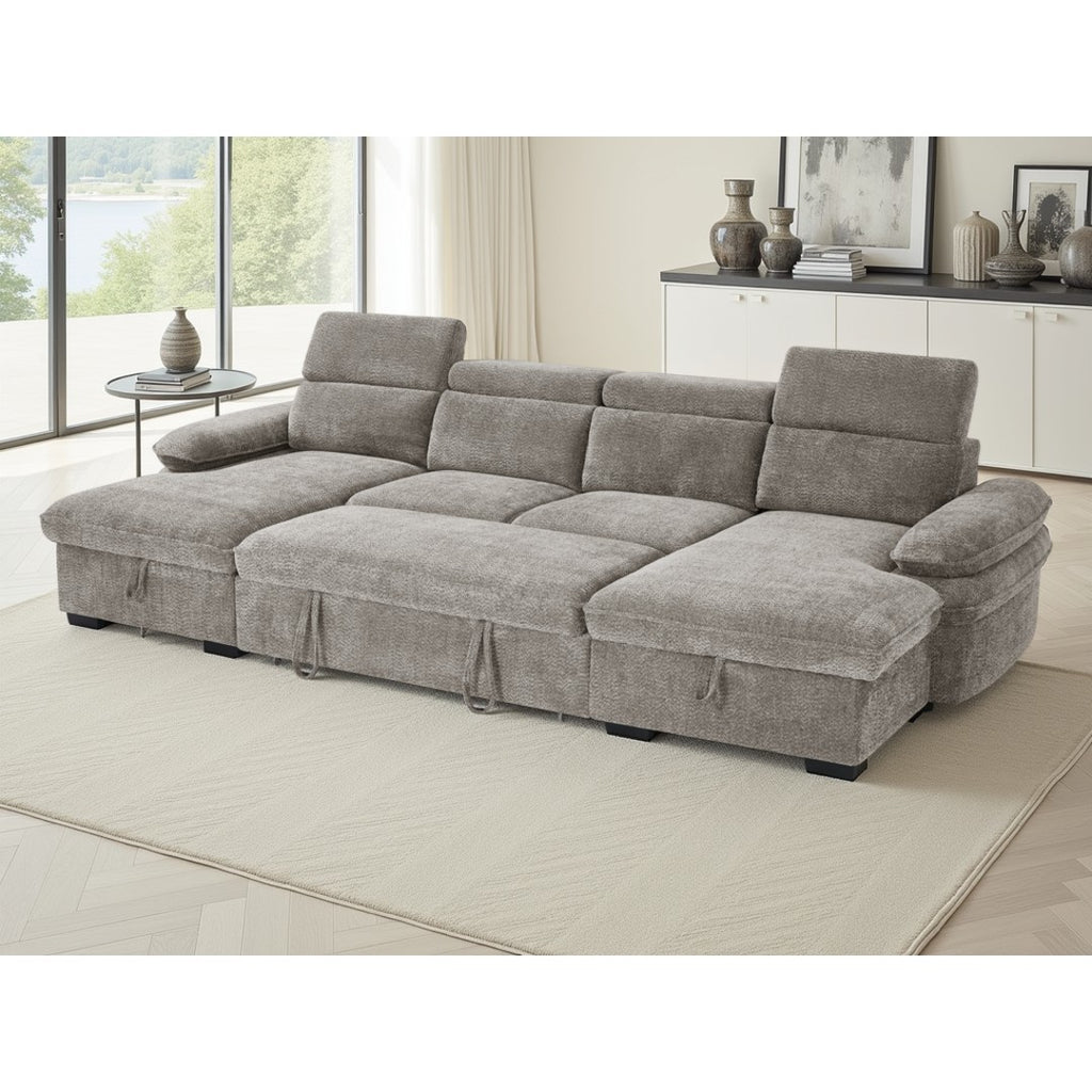 Grey Ravello U-shape corner sofa bed with pull-out bed open and headrests raised