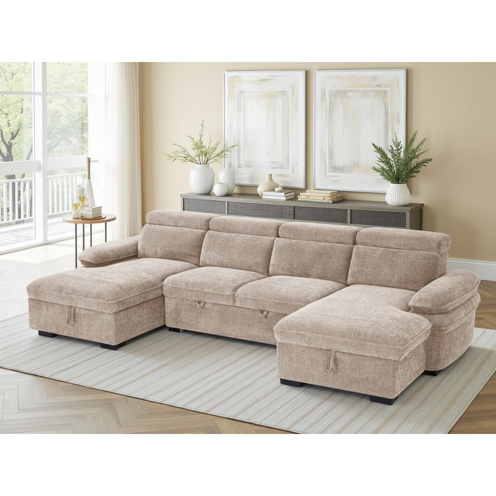 Beige Ravello 5 seater U-shape corner sofa bed, side angle view