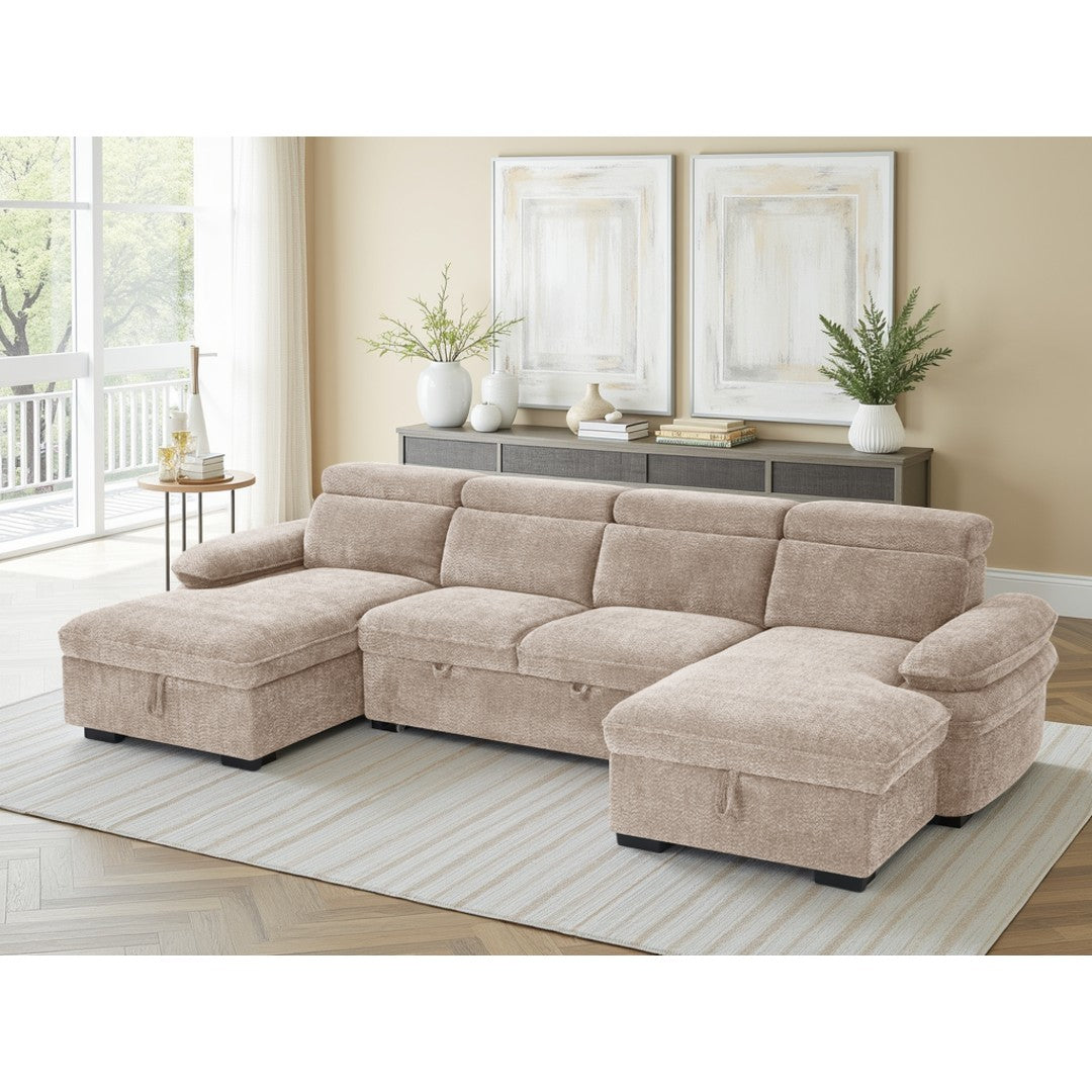 Beige Ravello 5 seater U-shape corner sofa bed, side angle view