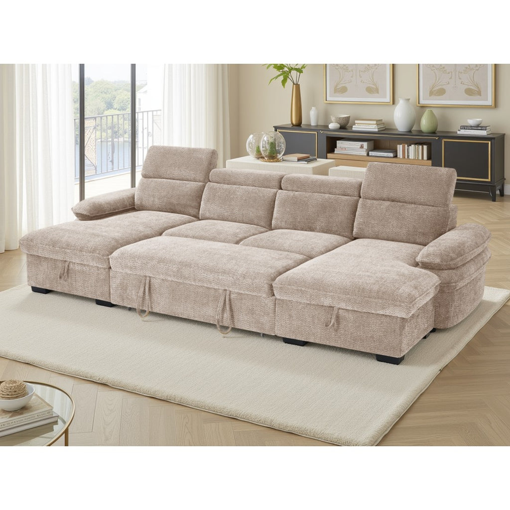 Beige Ravello U-shape corner sofa bed with pull-out bed open and headrests raised