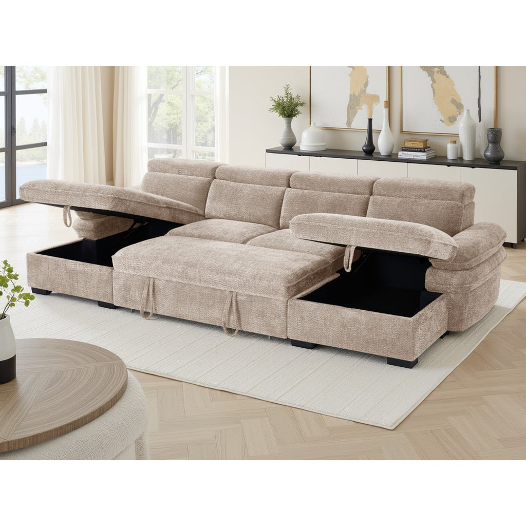 Beige Ravello U-shape sofa bed with both storage chaises open and pull-out bed extended