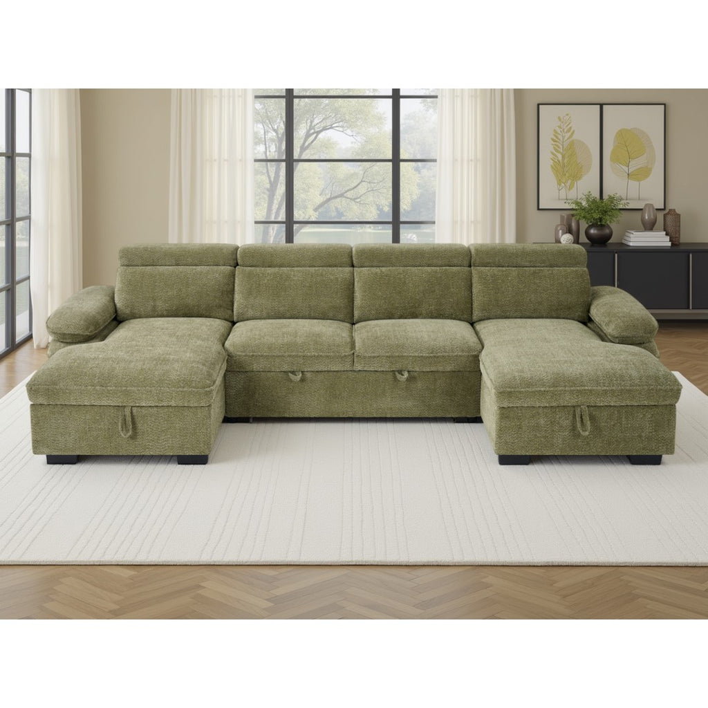 Green Ravello U-shape corner sofa bed with storage in a modern living room