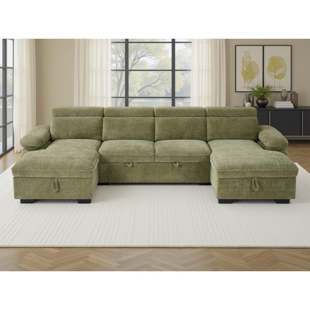 Green Ravello U-shape corner sofa bed with storage in a modern living room