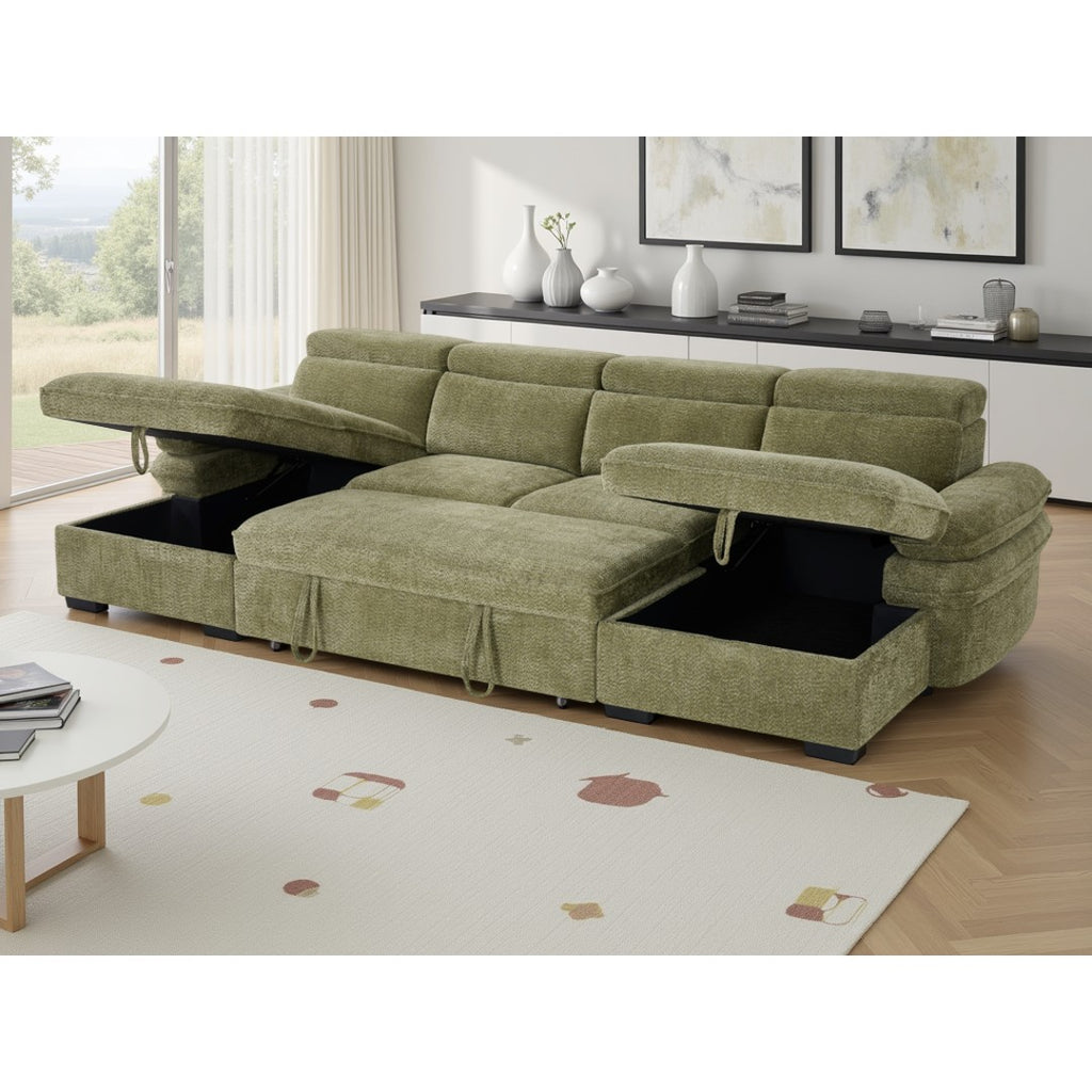 Green Ravello U-shape sofa bed with both storage chaises open and pull-out bed extended