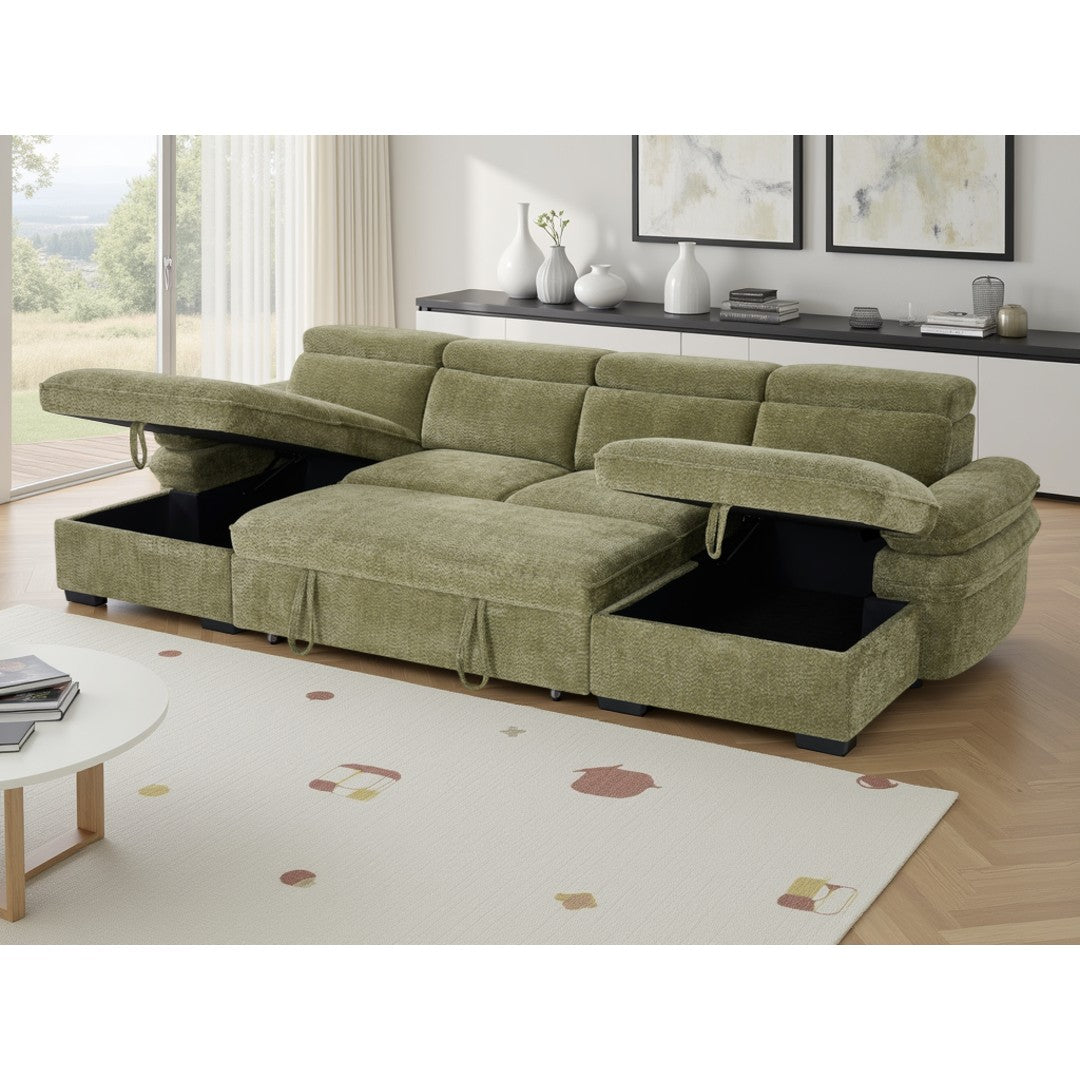 Green Ravello U-shape sofa bed with both storage chaises open and pull-out bed extended