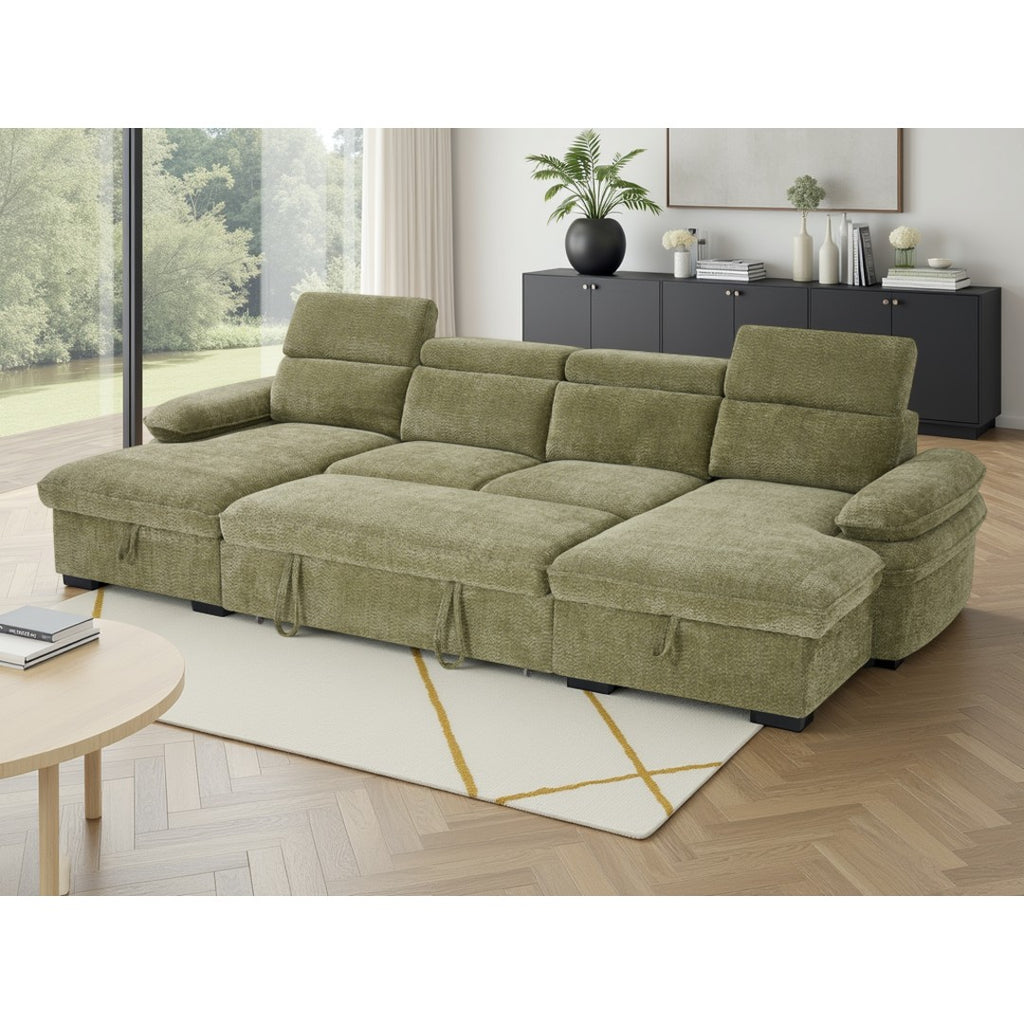 Green Ravello U-shape corner sofa bed with pull-out bed open and headrests raised