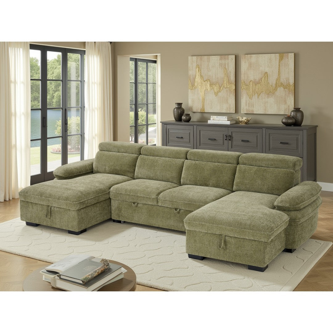 Green Ravello 5 seater U-shape corner sofa bed, side angle view