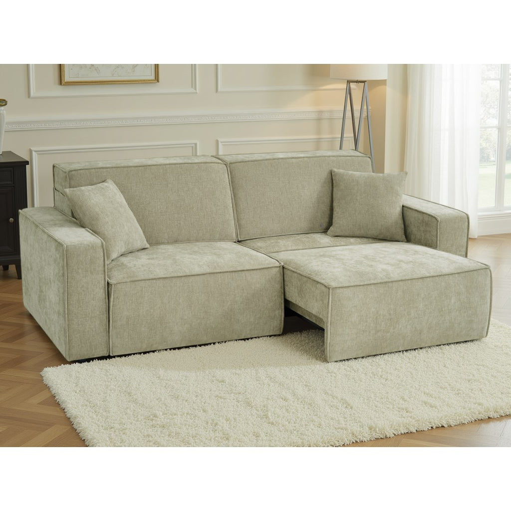 Green Siena electric sofa bed with one power seat extended into a chaise lounger