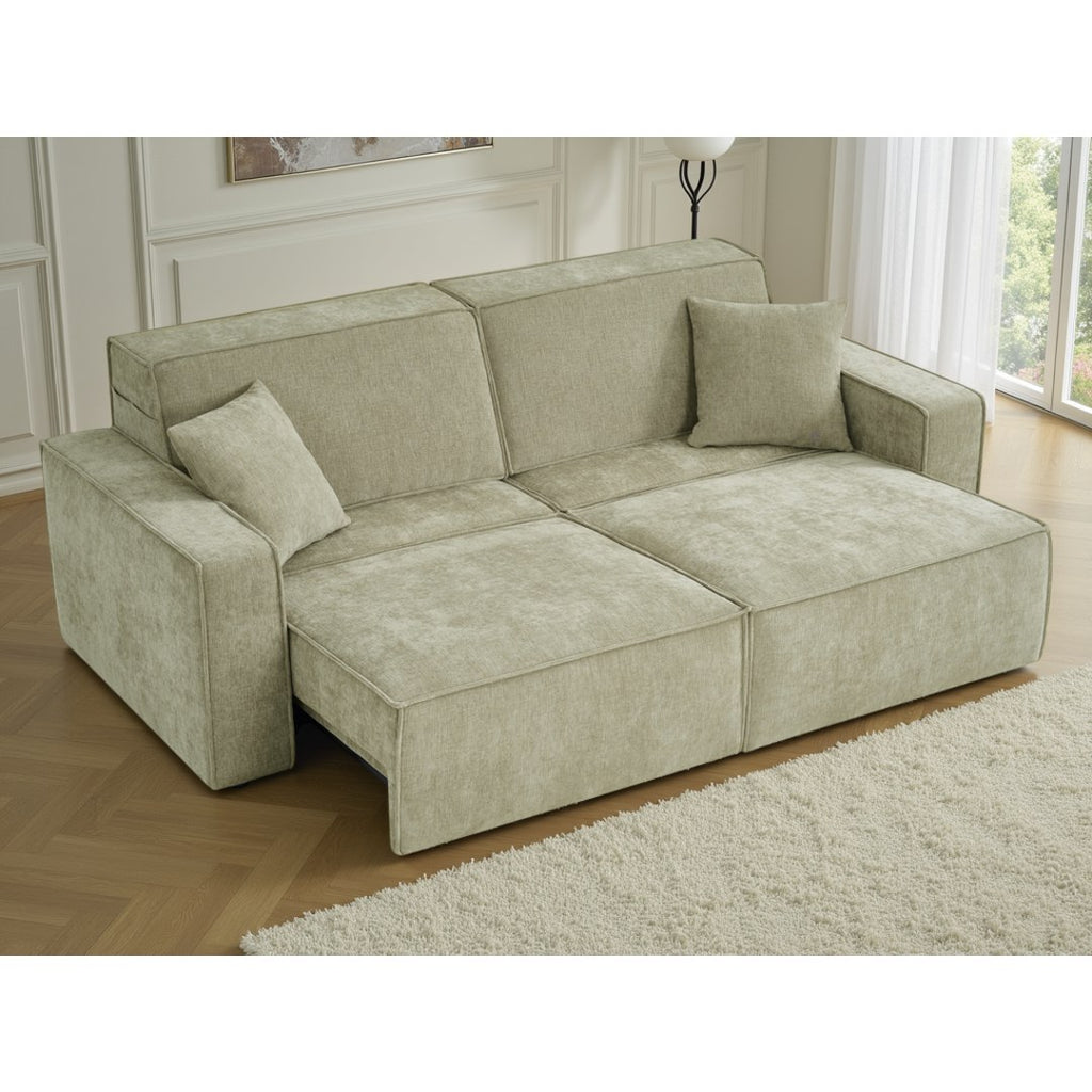 Green Siena sofa bed with both power sliding seats extended to create a bed