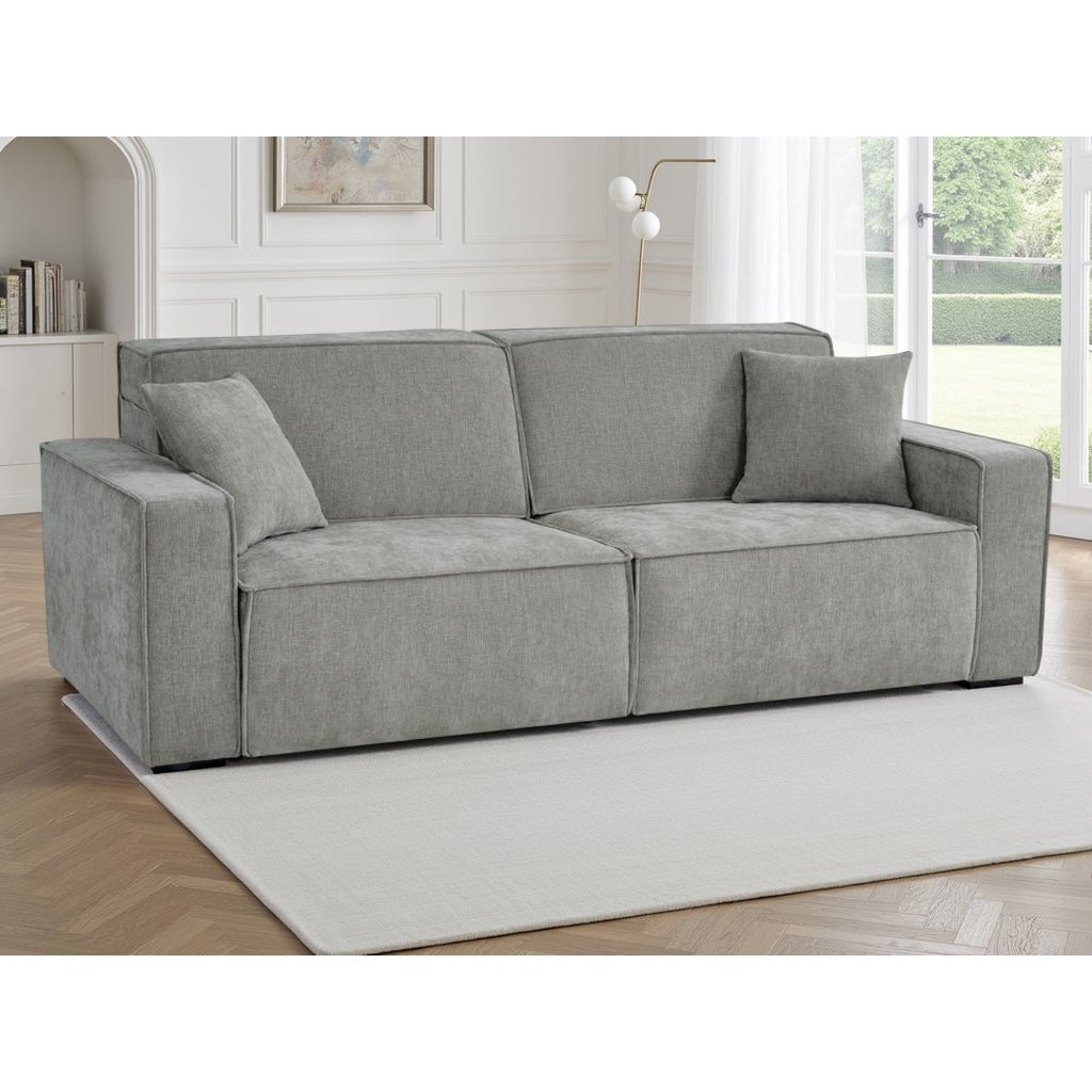 Siena 3 seater electric sofa bed in grey textured fabric with block arms and two accent cushions