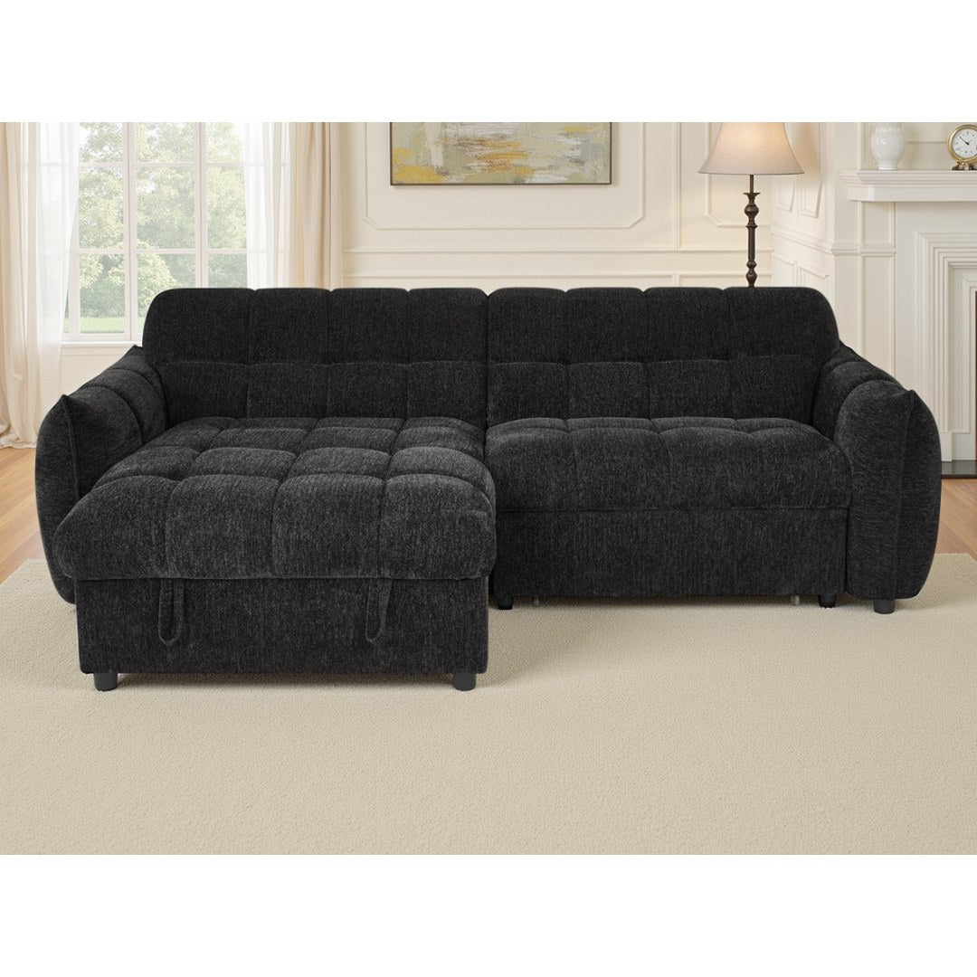 Front view of the black Sorrento corner sofa bed with quilted seats and rounded arms