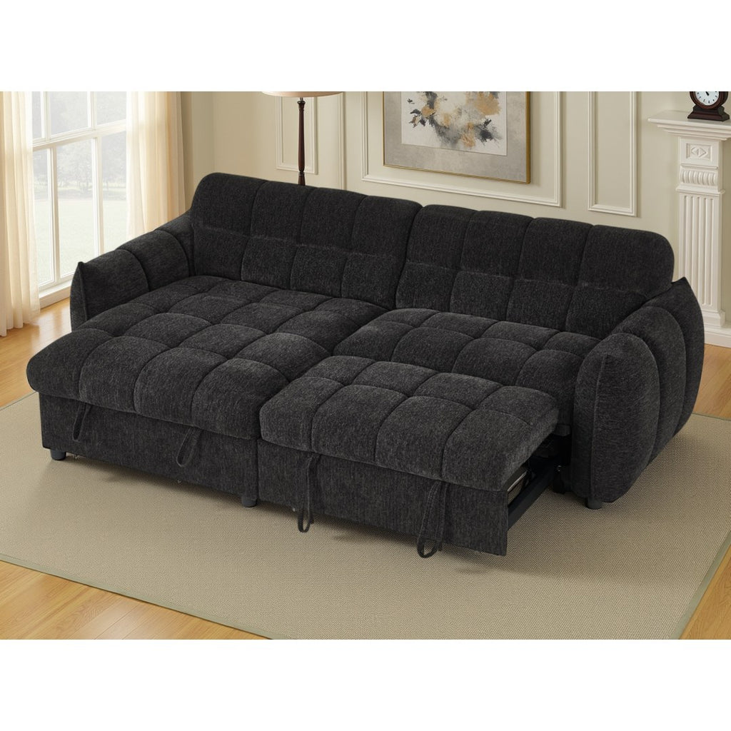Black Sorrento sofa bed with the pull-out bed extended for overnight guests