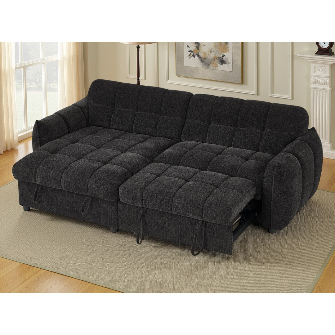 Black Sorrento sofa bed with the pull-out bed extended for overnight guests