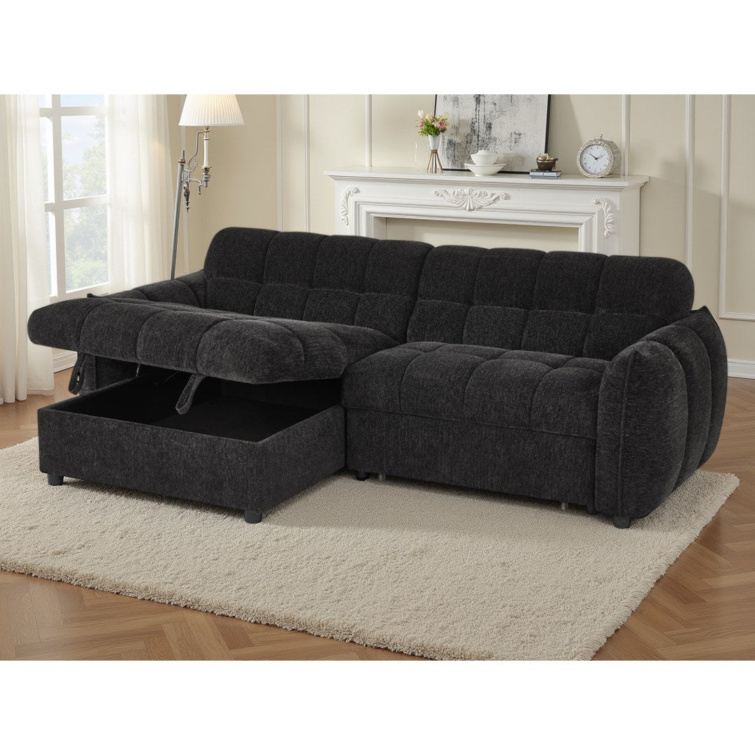 Black Sorrento corner sofa with the lift-up storage chaise open