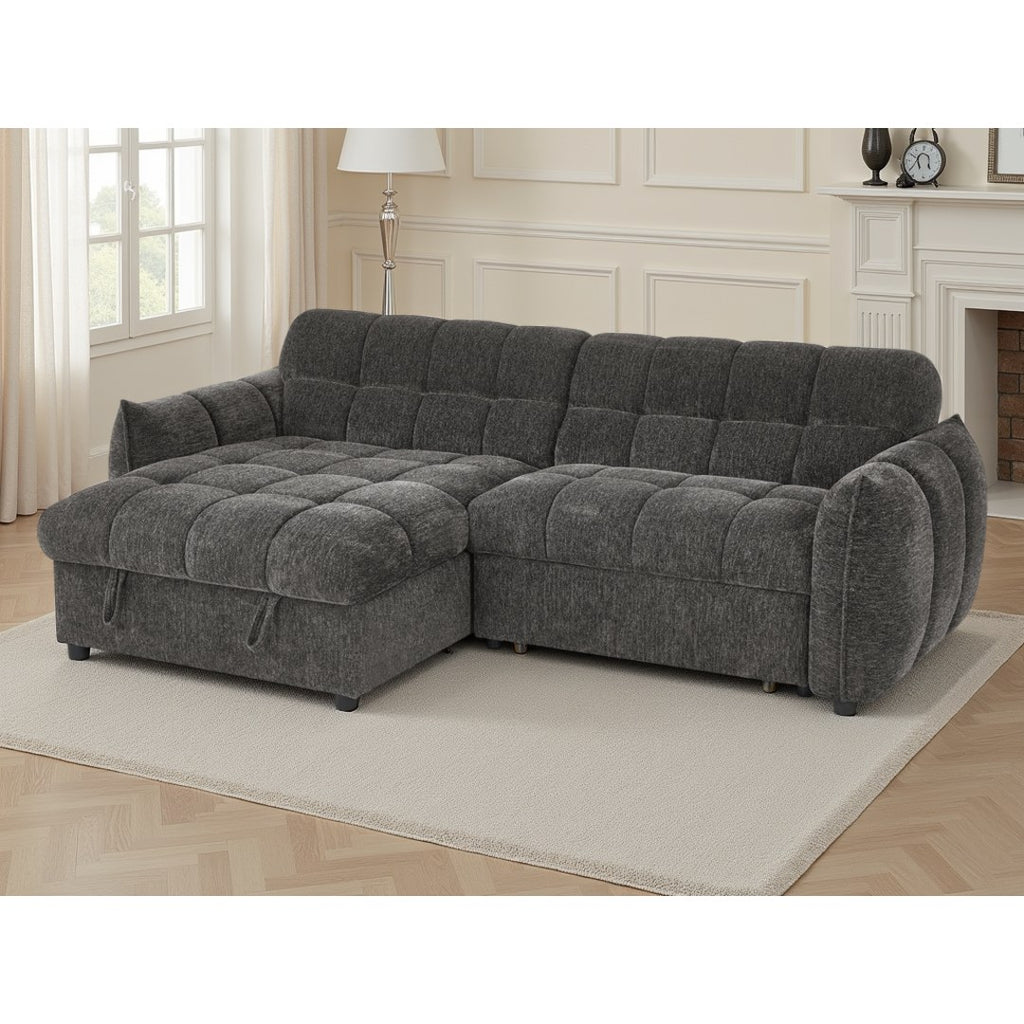 Sorrento quilted corner sofa bed in grey chenille-style fabric with rounded arms and chaise