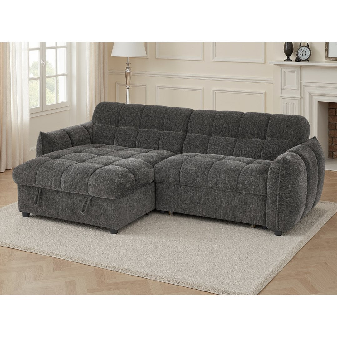 Sorrento quilted corner sofa bed in grey chenille-style fabric with rounded arms and chaise