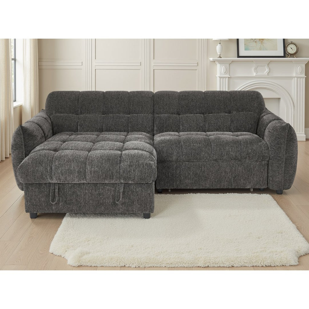 Front view of the grey Sorrento corner sofa bed showing deep square quilting and the chaise