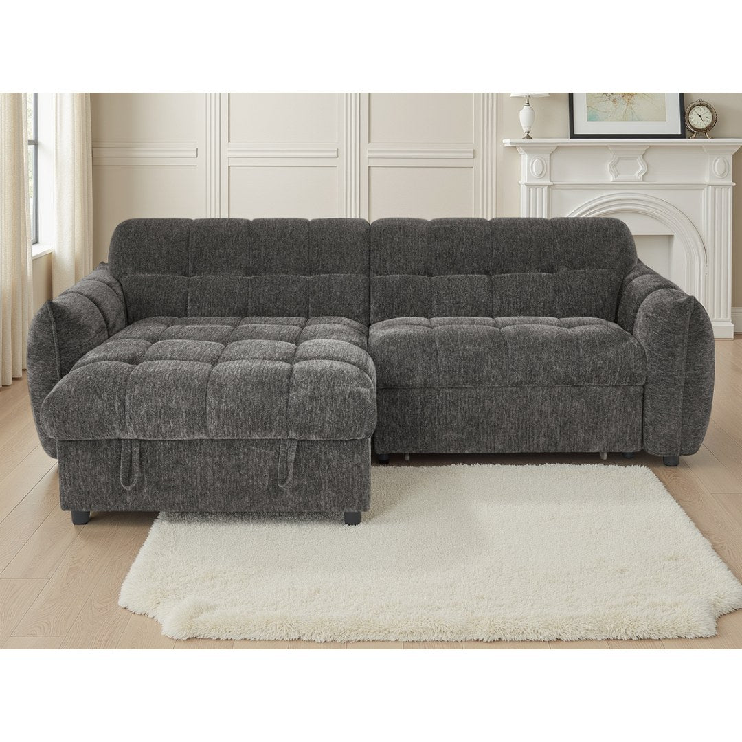 Front view of the grey Sorrento corner sofa bed showing deep square quilting and the chaise