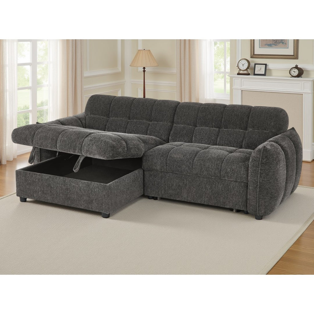 Grey Sorrento corner sofa with the chaise lifted to reveal the hidden storage compartment