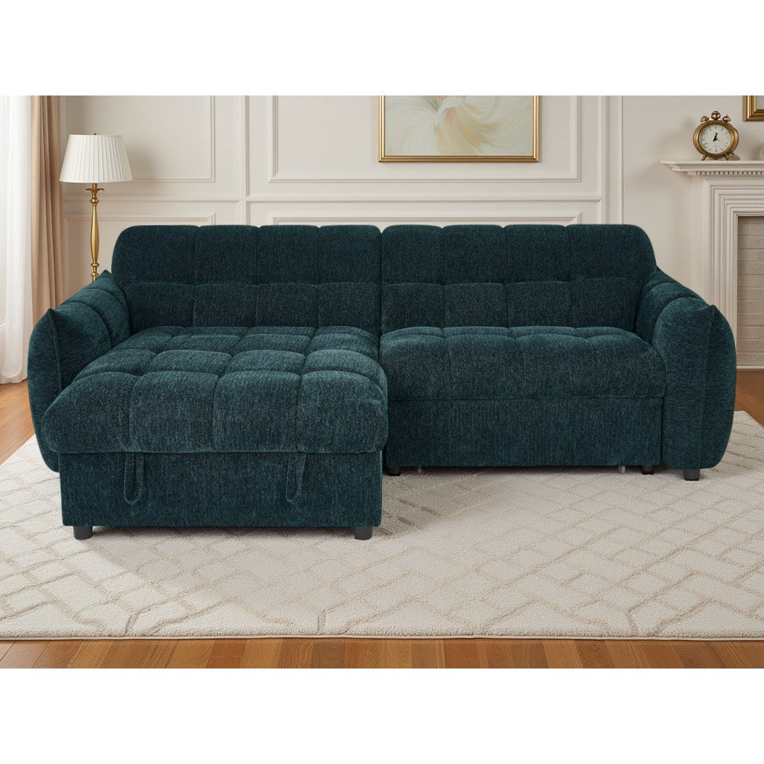 Front view of the teal Sorrento corner sofa bed with deep quilted seats