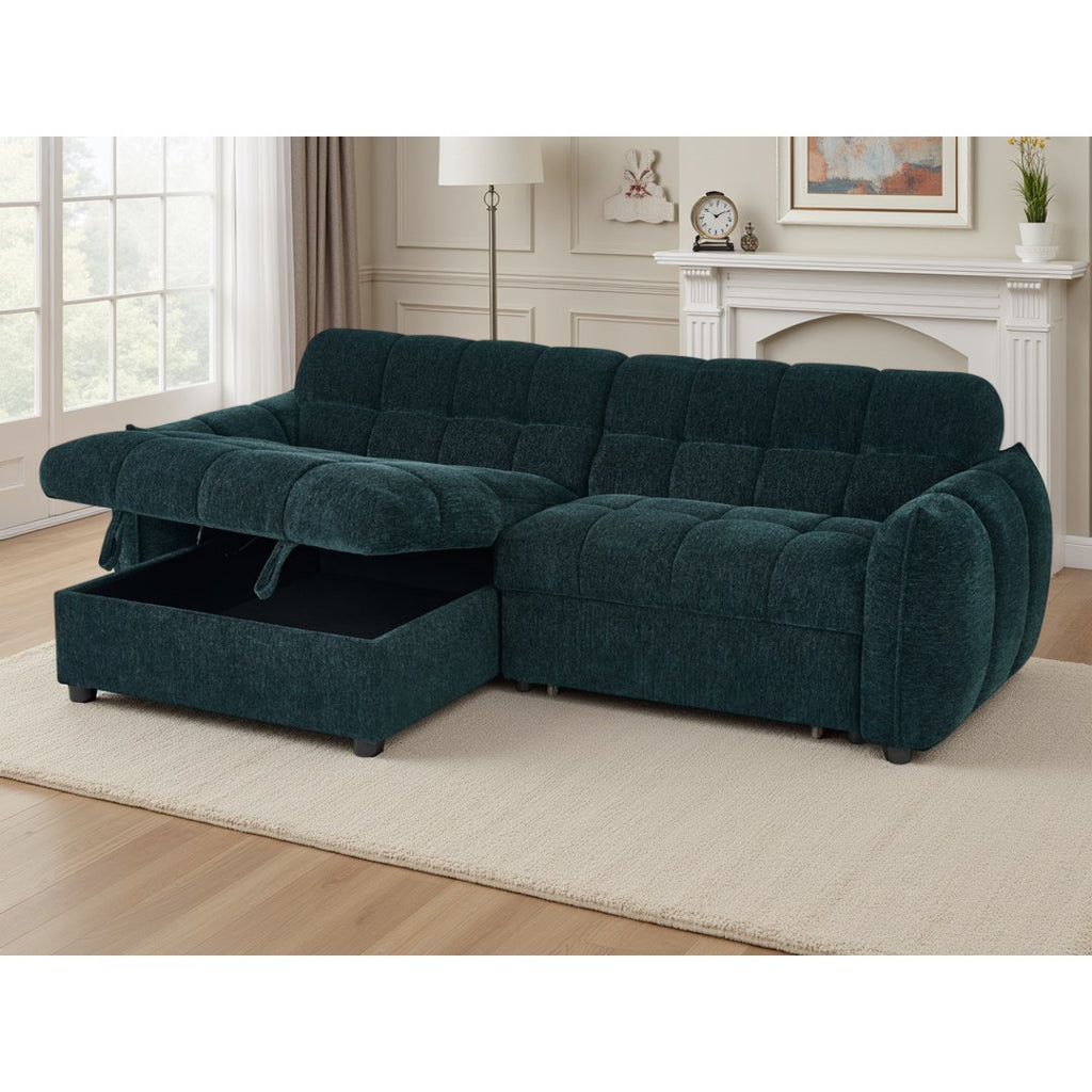 Teal Sorrento corner sofa bed with the storage chaise lifted open