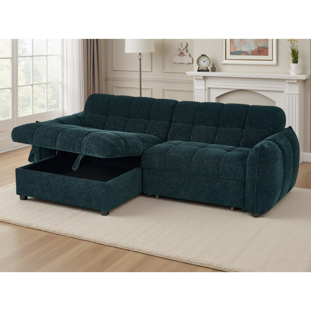 Teal Sorrento corner sofa bed with the storage chaise lifted open