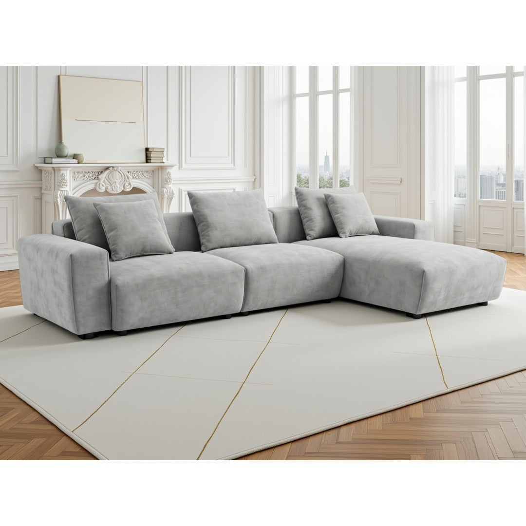 Taormina L-shape modular corner sofa in grey fabric with deep chunky cushions and scatter pillows