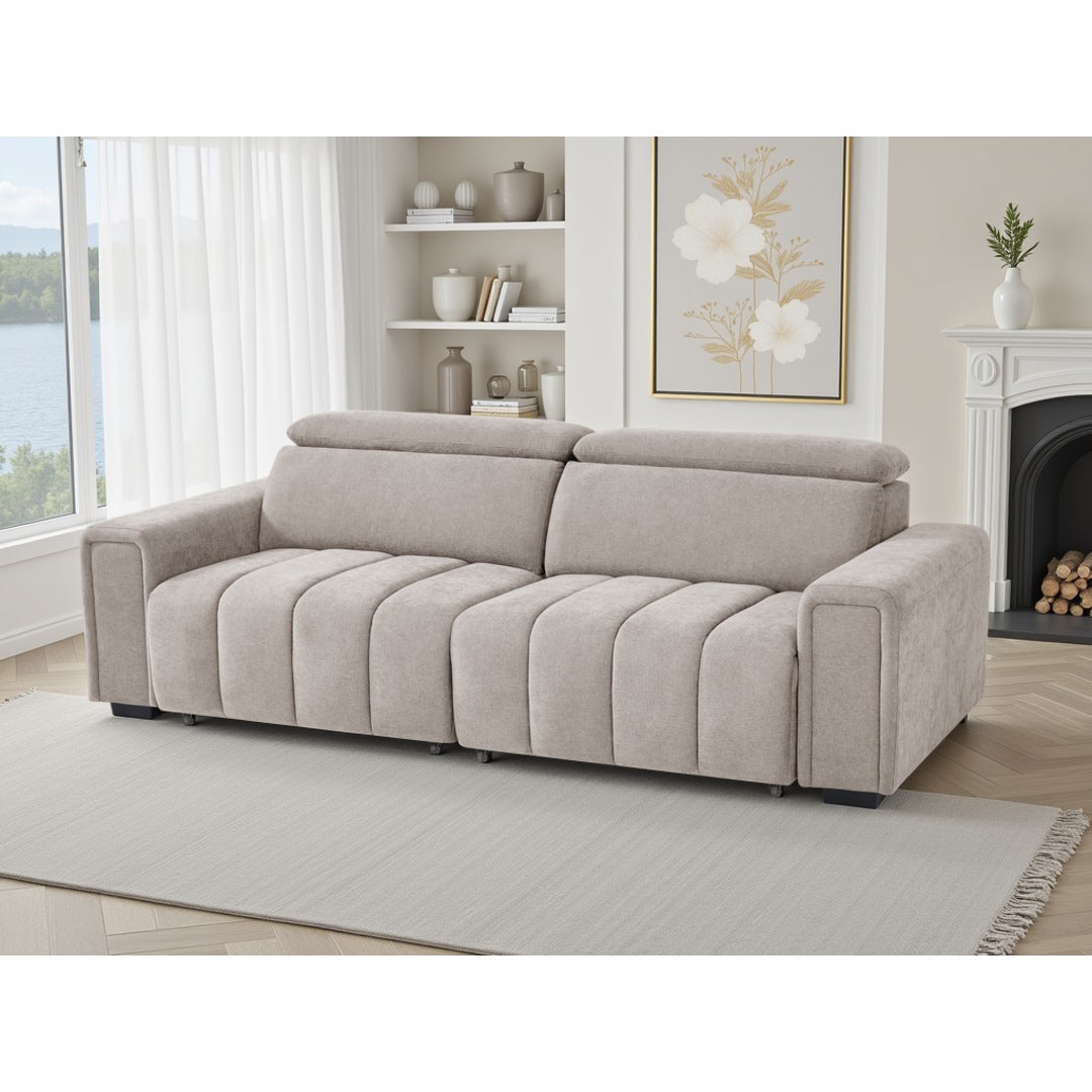 Verona 3 seater electric sofa bed in beige fabric, styled in a bright living room