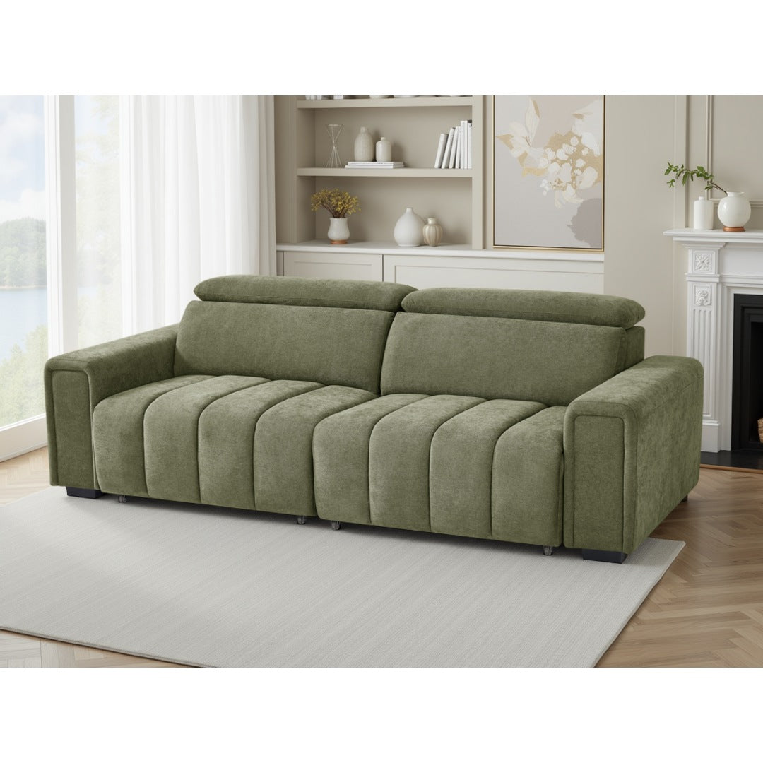 Verona 3 seater electric sofa bed in olive green fabric, styled in a living room