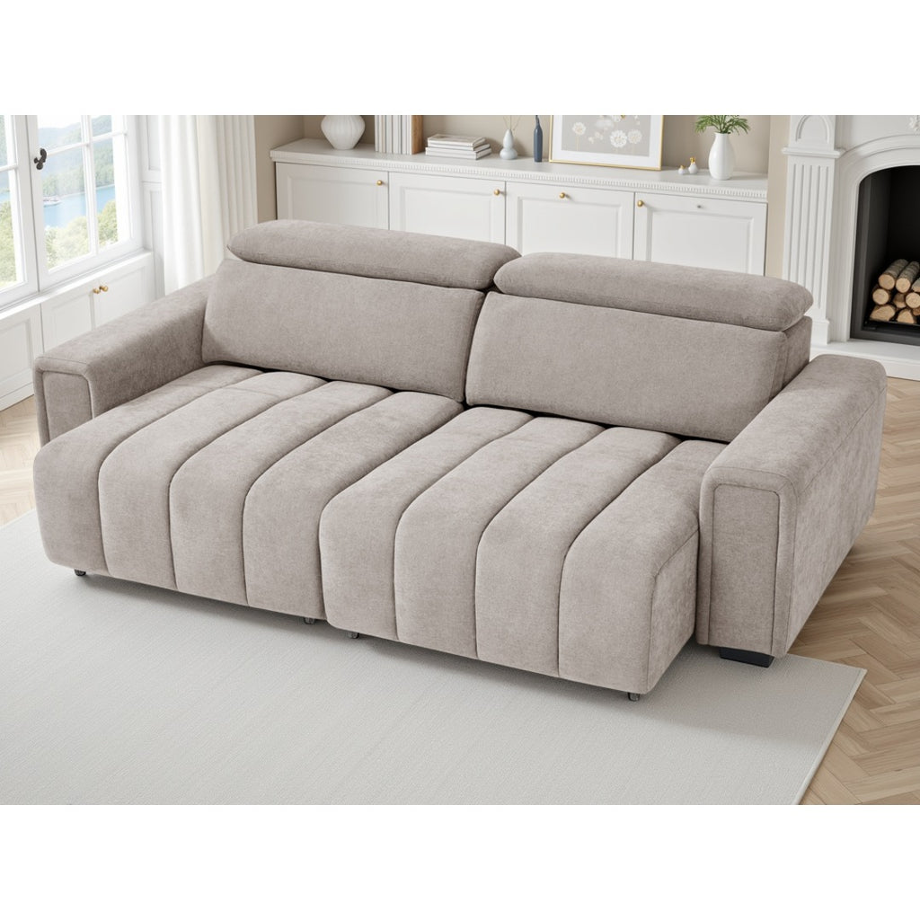 Beige Verona electric sofa bed with both power sliding seats extended for lounging