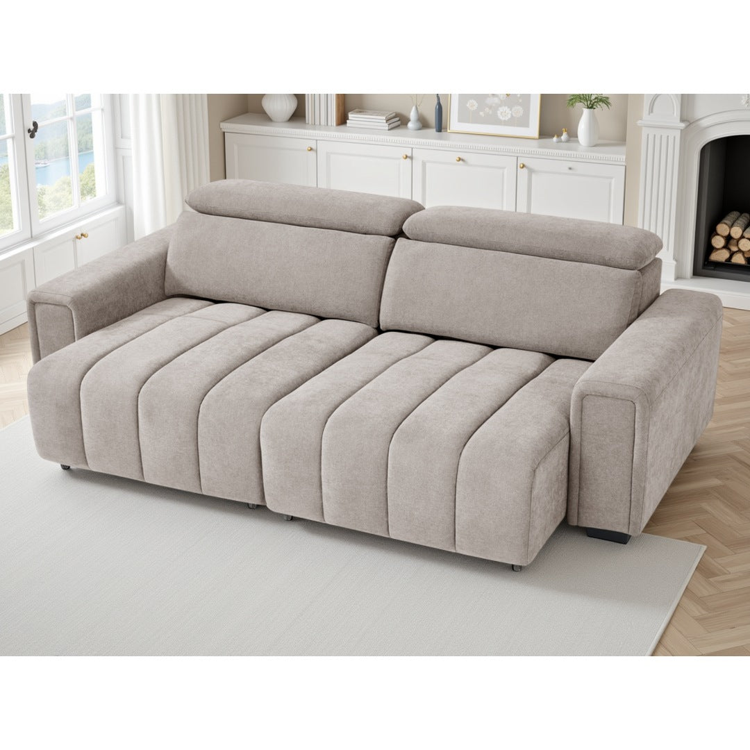 Beige Verona electric sofa bed with both power sliding seats extended for lounging