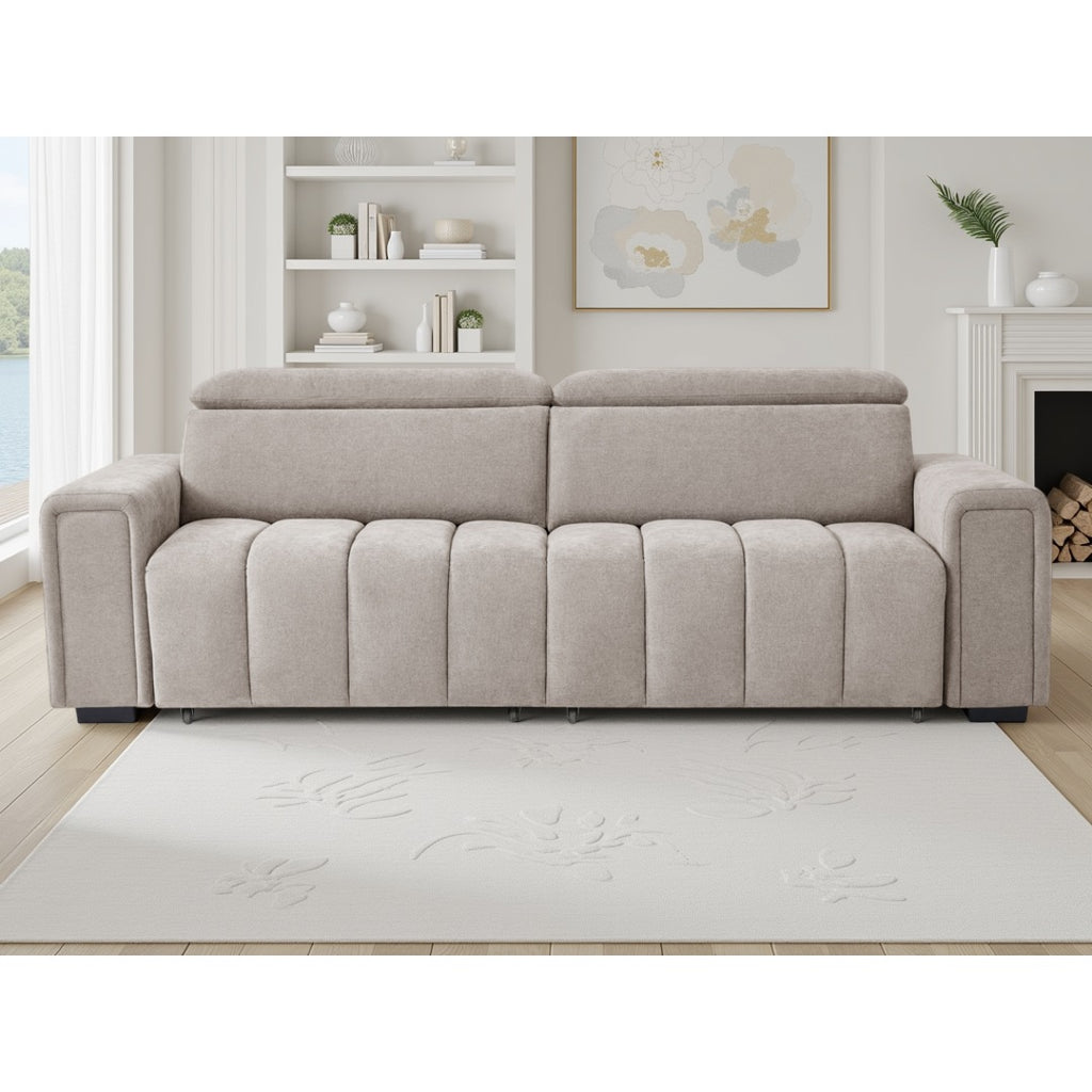 Front view of the beige Verona 3 seater sofa bed with vertical channel tufting